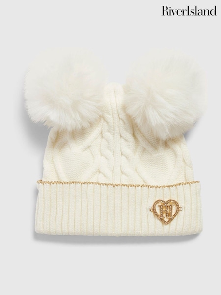 Cream - River Island Double Pom Beanie
