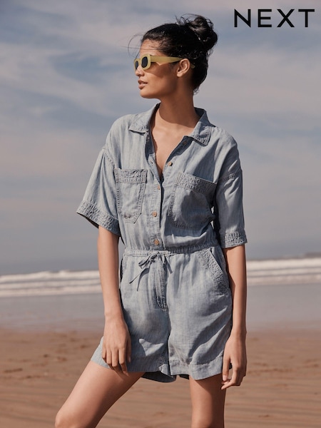 Blue Short Sleeved TENCEL™/Linen Blend Playsuit (2120T4) | €24