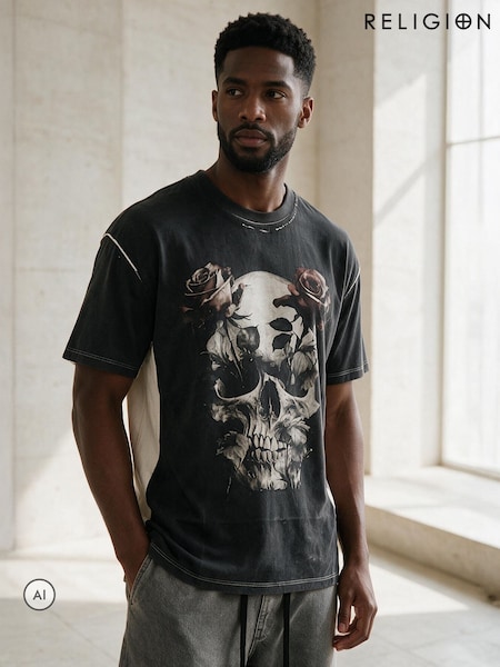 Black - Regular Religion Skull Cross Rose T-shirt