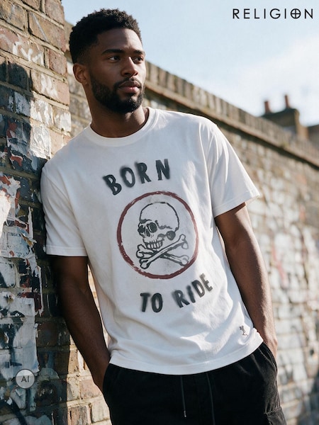 White - Regular Religion Born To Ride Skull T-shirt
