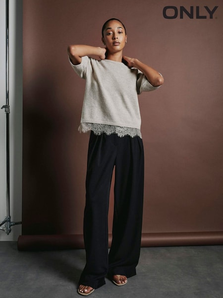 Natural - Only Short Sleeve Knit Jumper With Lace Hem
