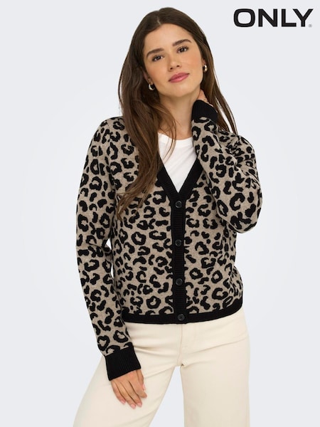 أسود - Only Leopard Print V-neck Cardigan
