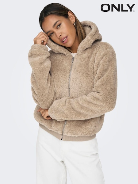 Natural - Only Zip Through Hooded Teddy Jacket