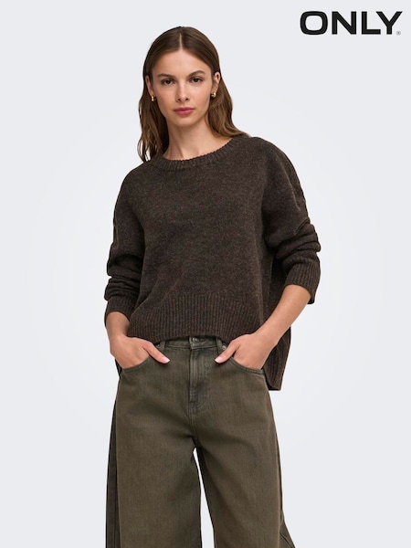 Brown - Only Round Neck High Low Hem Loose Fit Jumper