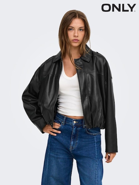 Black - Only Faux Leather Bomber Jacket