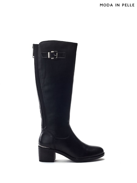 Black - Moda In Pelle Sansho Block Heel Long Riding Boots With Trim