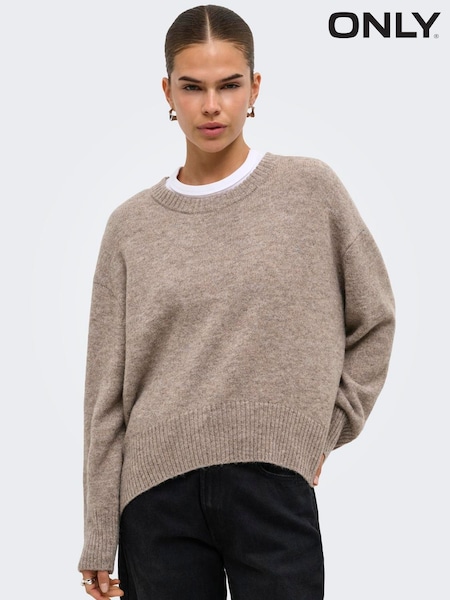 Natural - Only Round Neck High Low Hem Loose Fit Jumper