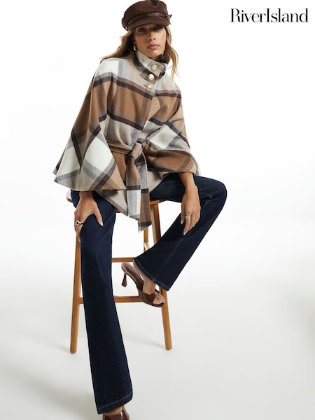 Cream - River Island Check Funnel Neck Belted Cape Coat