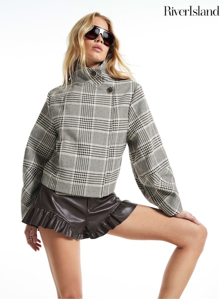Brown - River Island Check Funnel Neck Cocoon Sleeve Jacket