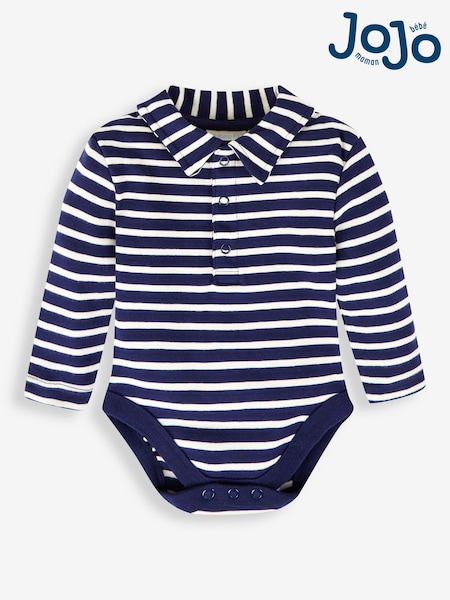 JoJo Maman Bébé Navy Ecru Breton Stripe Plain Long Sleeve Polo Shirt Bodysuit (213917) | CA$40
