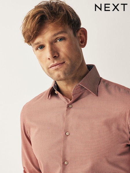 Red Geometric Slim Fit Cotton Textured Trimmed Single Cuff Shirt (214053) | €5