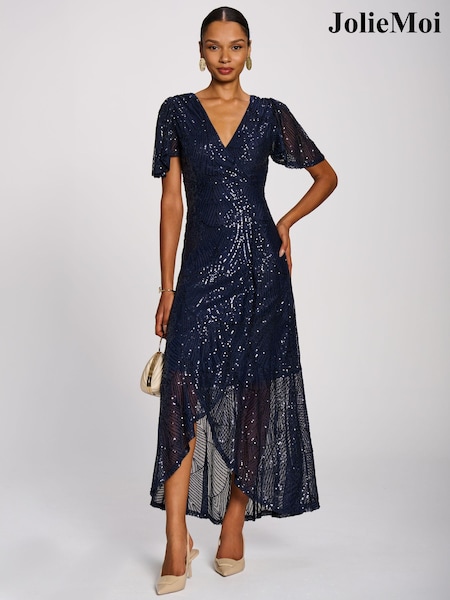 Blue - Jolie Moi Sequin Angel Sleeve Flare Hem Maxi Dress