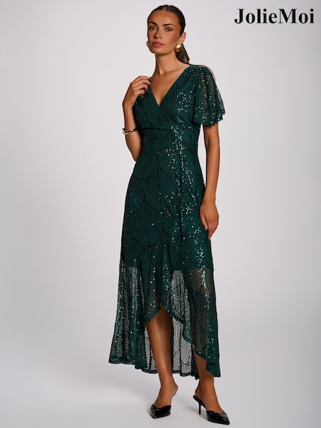 Green - Jolie Moi Sequin Angel Sleeve Flare Hem Maxi Dress
