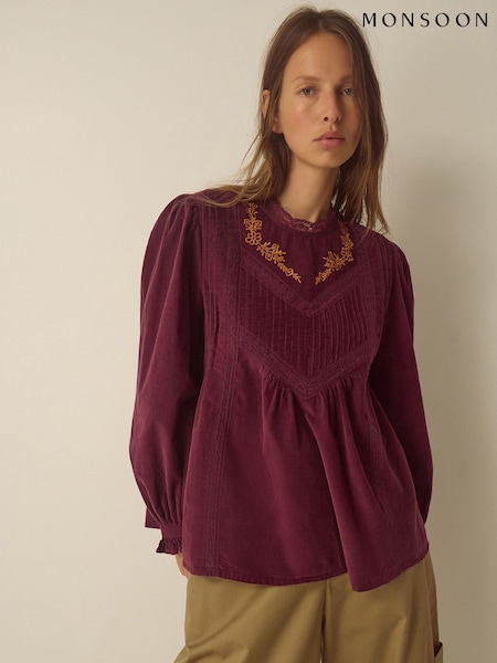 Κόκκινο - Monsoon Tyra Long Sleeve Embroidered Corduroy Top