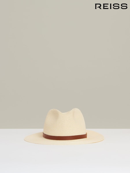Reiss Natural Gigi Faux Leather Trim Woven Hat (215262) | €125