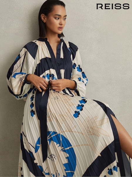 Reiss Blue Daiya Printed Pleated Maxi Dress (215321) | AED2,866