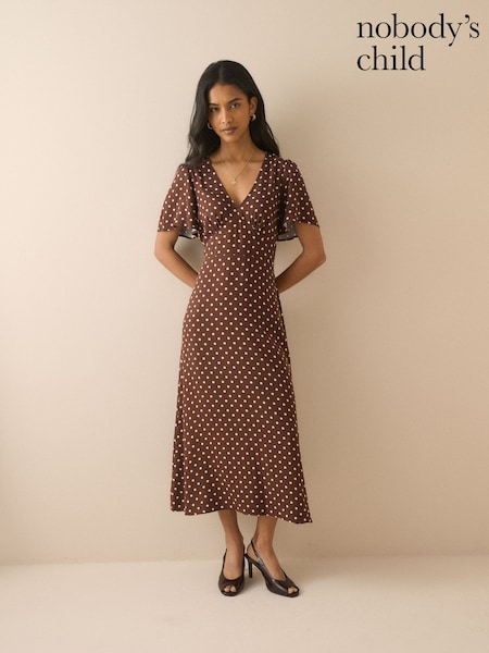 Brown - Nobodys Child Polka Dot Atlas Midi Dress