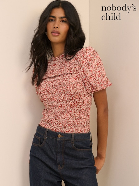 Red - Nobodys Child Floral Puff Sleeve Shirred Nicola Top