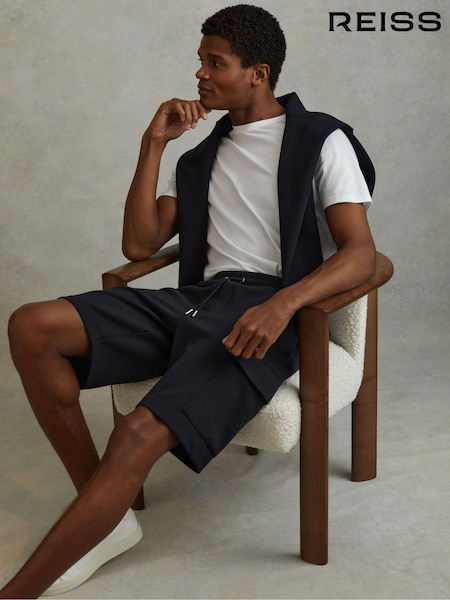 Reiss Navy Blue Oliver Interlock Jersey Drawstring Shorts (215439) | 647 QAR