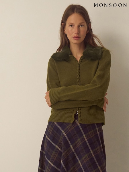 أخضر - Monsoon Flo Faux Fur Collar Cardigan
