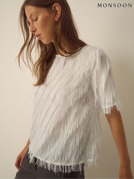 Cream - Monsoon Fadia Short Sleeve Fringe Top