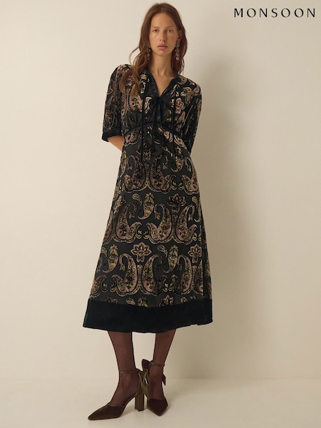 Green - Monsoon Jaz V-neck Paisley Devoré Midi Dress