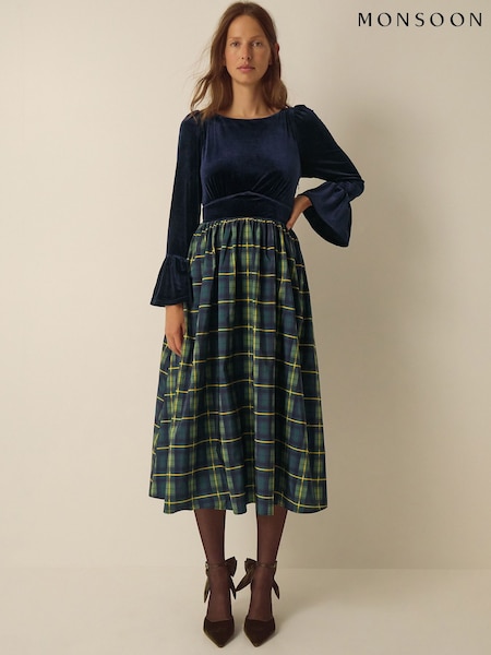 Μπλε - Monsoon Viola Check Print Velvet Midi Dress