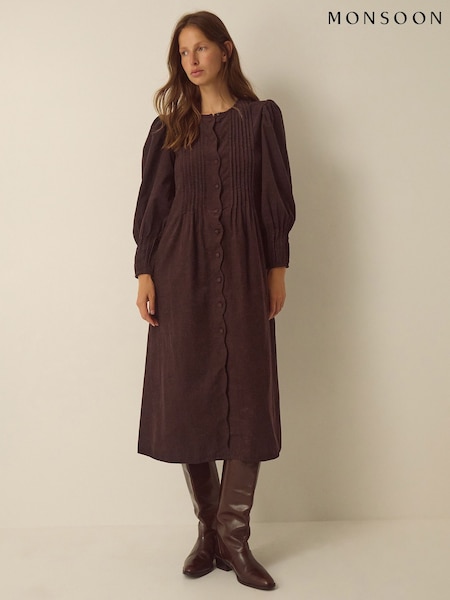 Καφετί - Monsoon Cosima Long Sleeve Scallop Corduroy Midi Dress