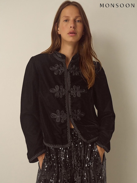 Black - Monsoon Viola Beaded Frogging Velvet Jacket