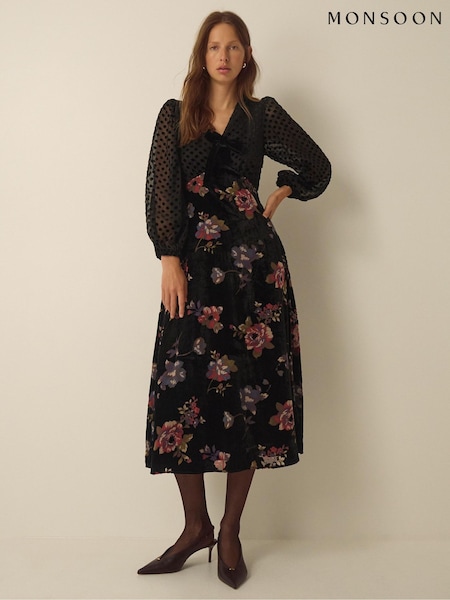 črna - Monsoon Abril V-neck Floral Devoré Velvet Midi Dress