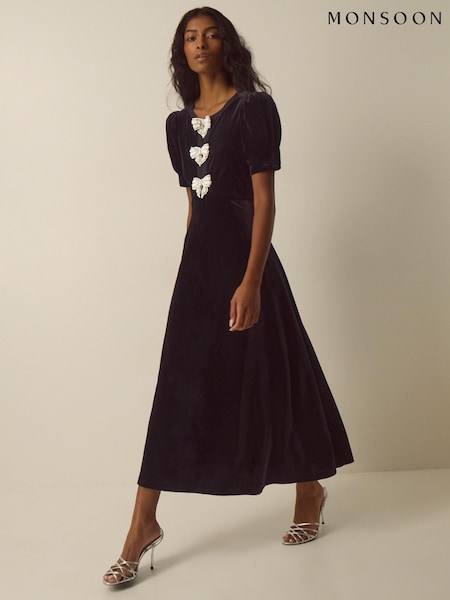 Μαύρο - Monsoon Bella Puff Sleeve Embellished Bow Velvet Dress