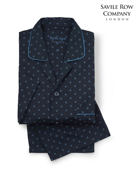 Blue - Regular Savile Row Company Cotton Cross Print Revere Collar Pyjamas Set