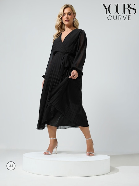 Black - Yours Curve Pleated Long Sleeve Wrap Dress