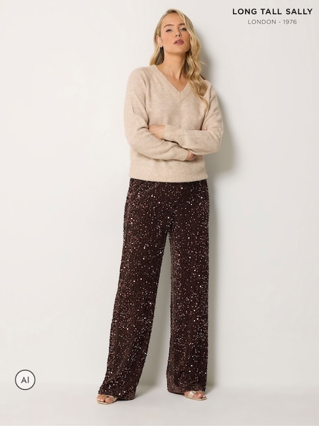 Brown - Long Tall Sally Sequin Velvet Wide Leg Trousers