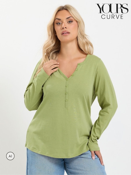 Green - Yours Curve Long Sleeve Henley Button T-shirt
