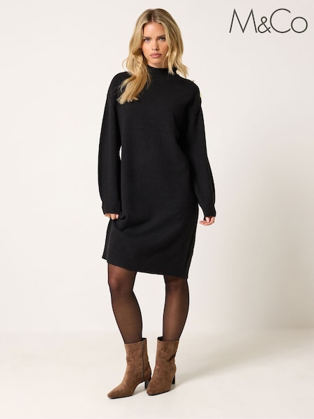 Black - M&co Petite Button Detail Knitted Dress