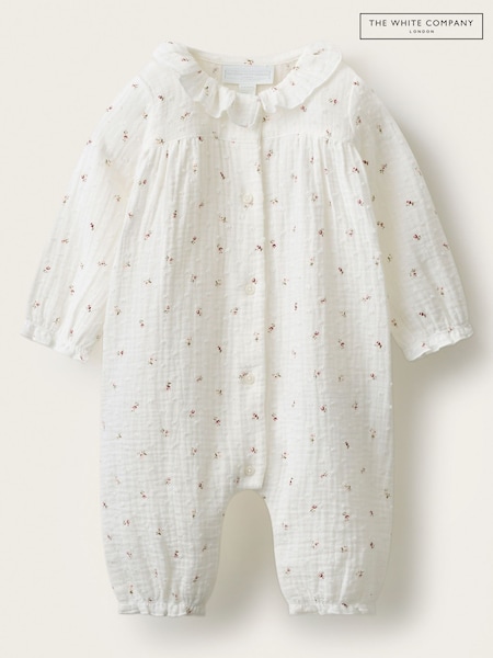 كريم - The White Company Double Ines Floral Frill Neck Sleepsuit