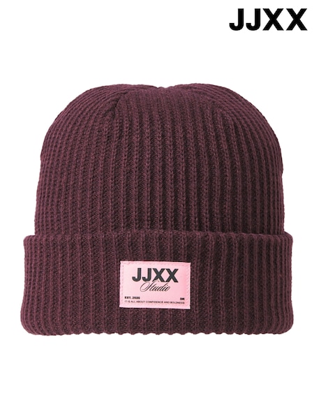 Purple - Jjxx Ribbed Beanie In Burgundy With Contrast Patch