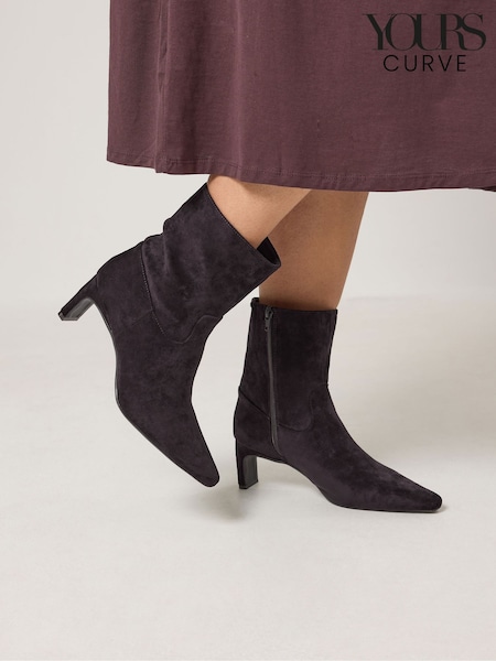 Brown - Yours Curve Soft Square Toe Kitten Heel Ankle Boots In Wide E Fit