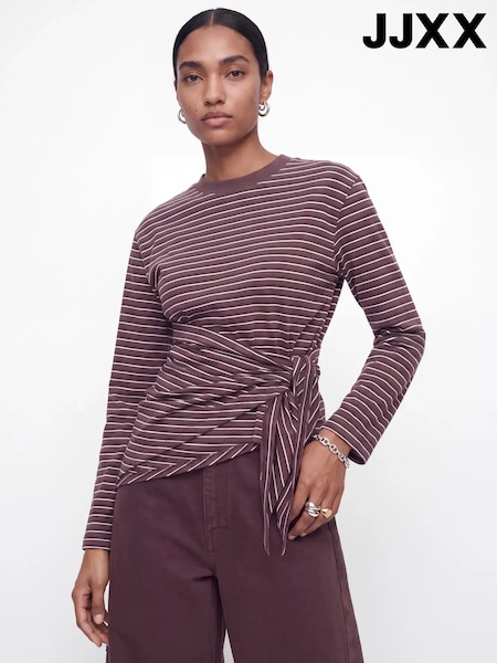 عنابي - Jjxx Long Sleeve Striped T-shirt With Detachable Scarf