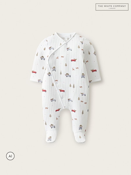 White - The White Company Blend Christmas Reindeer & Car Quilted Wrap Sleepsuit