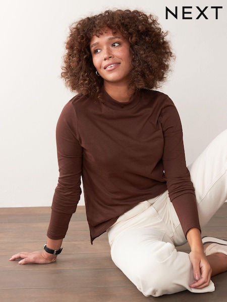 بني - High Neck Long Sleeve 100% Cotton Top (219370) | ‏29 د.إ.‏