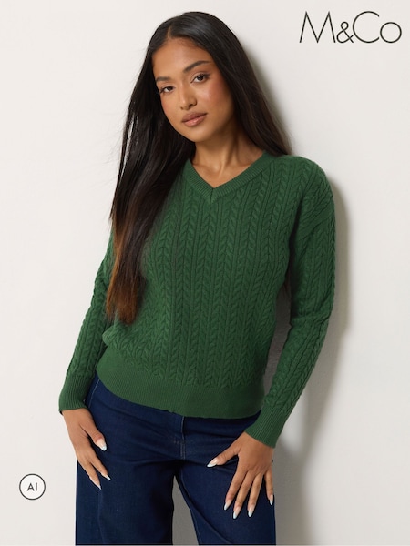 Green - M&co Petite V-neck Mini Cable Jumper