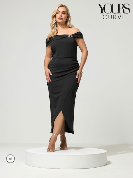 블랙 - Yours Curve London Off Shoulder Buckle Wrap Dress