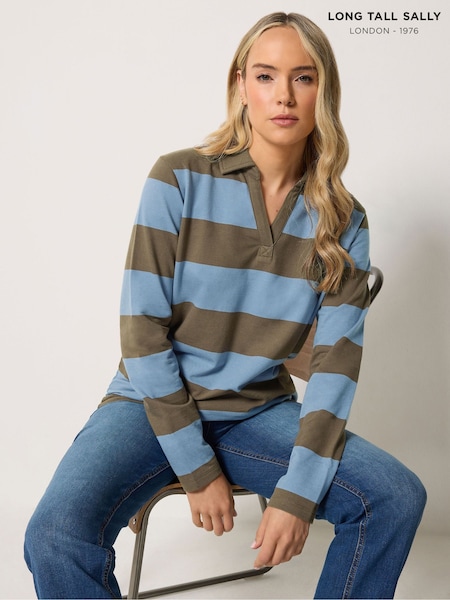 Blue - Long Tall Sally Stripe Cotton Rugby Sweatshirt
