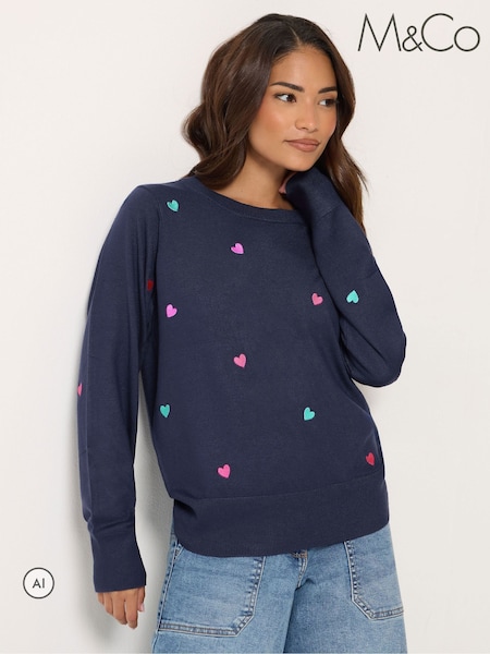 Blue - M&co Petite Heart Embroidered Jumper