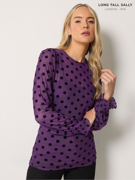 Lilla - Long Tall Sally Polka Dot Balloon Sleeve Mesh Blouse