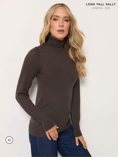 Brown - Long Tall Sally Premium Merino Wool Roll Neck Jumper
