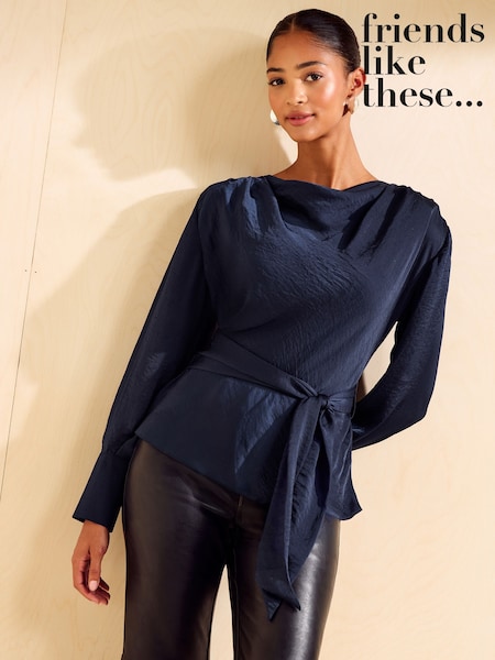 Navy - Friends Like These Satin Cowl Neck Shoulder Pad Blouse
