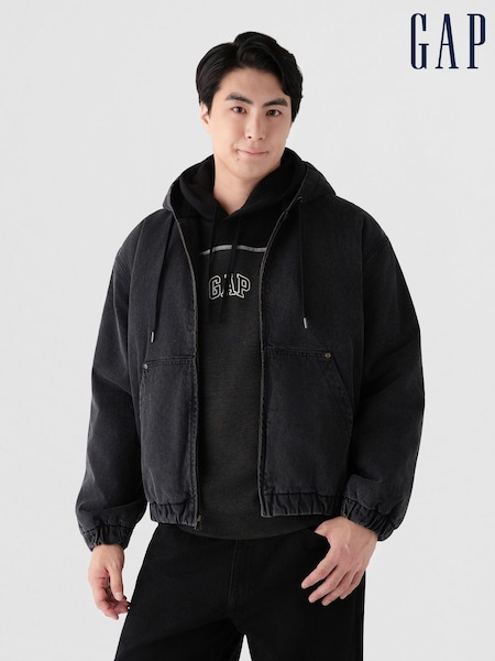 Black - Regular Gap Relaxed Sherpa-lined Denim Zip-up Hooded Jacket